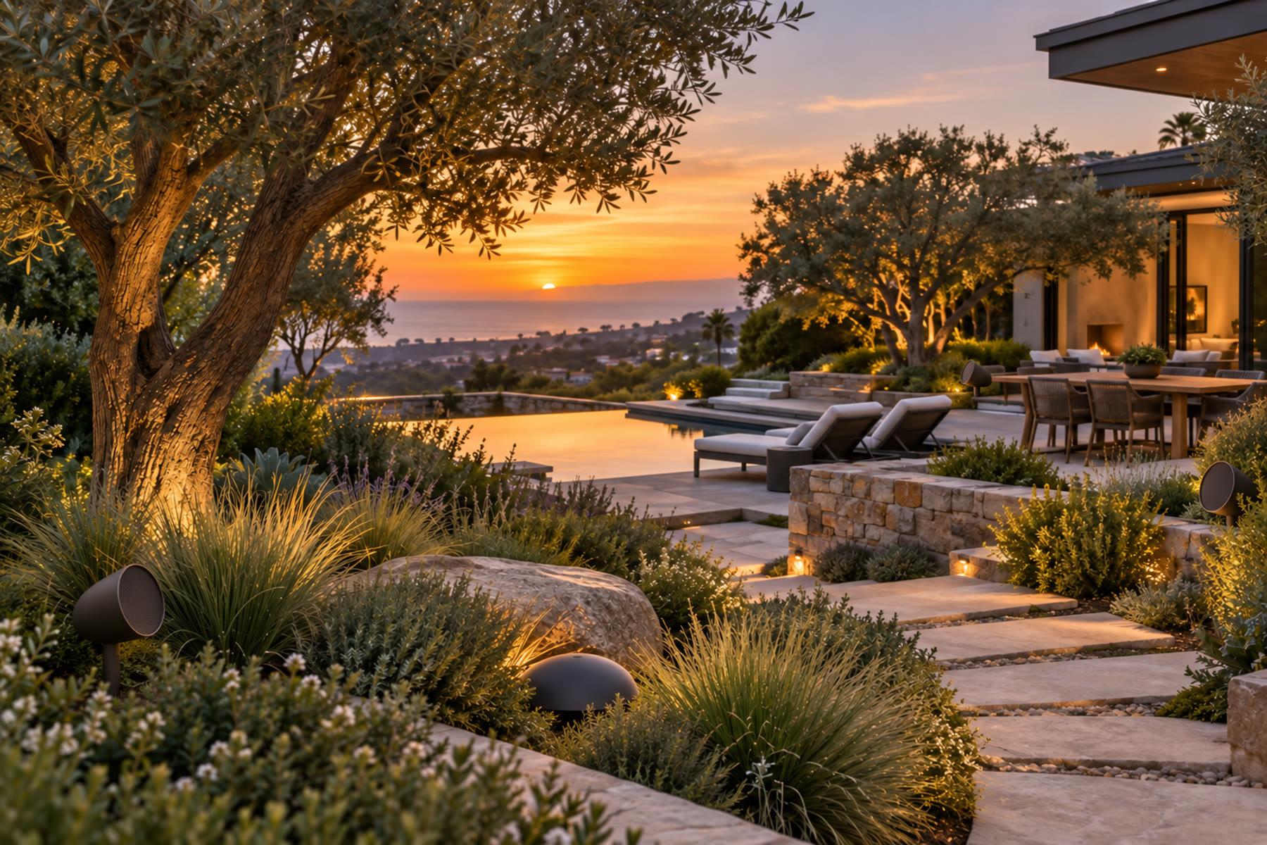 Landscaped Orange County garden with discreet satellite speakers and a buried subwoofer