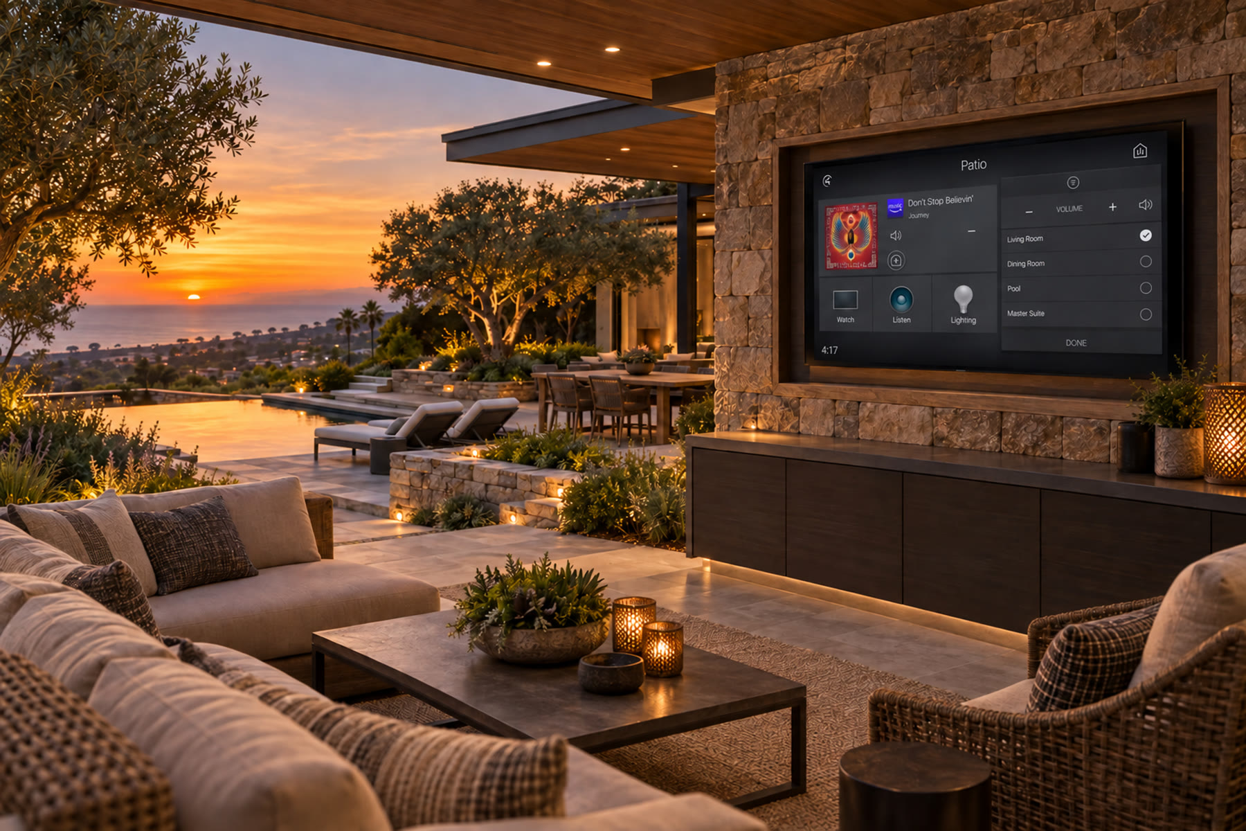 Covered outdoor living space with a television showing the Control4 Patio screen