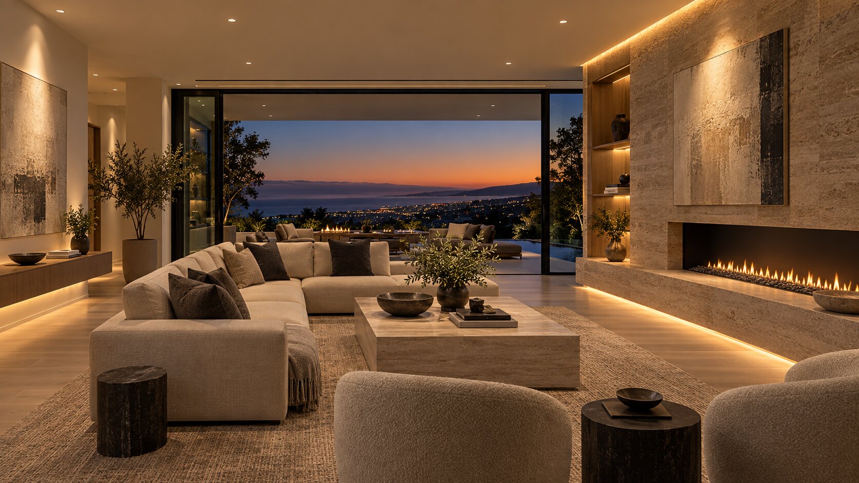 Professionally planned trimless recessed and accent lighting in a luxury living room