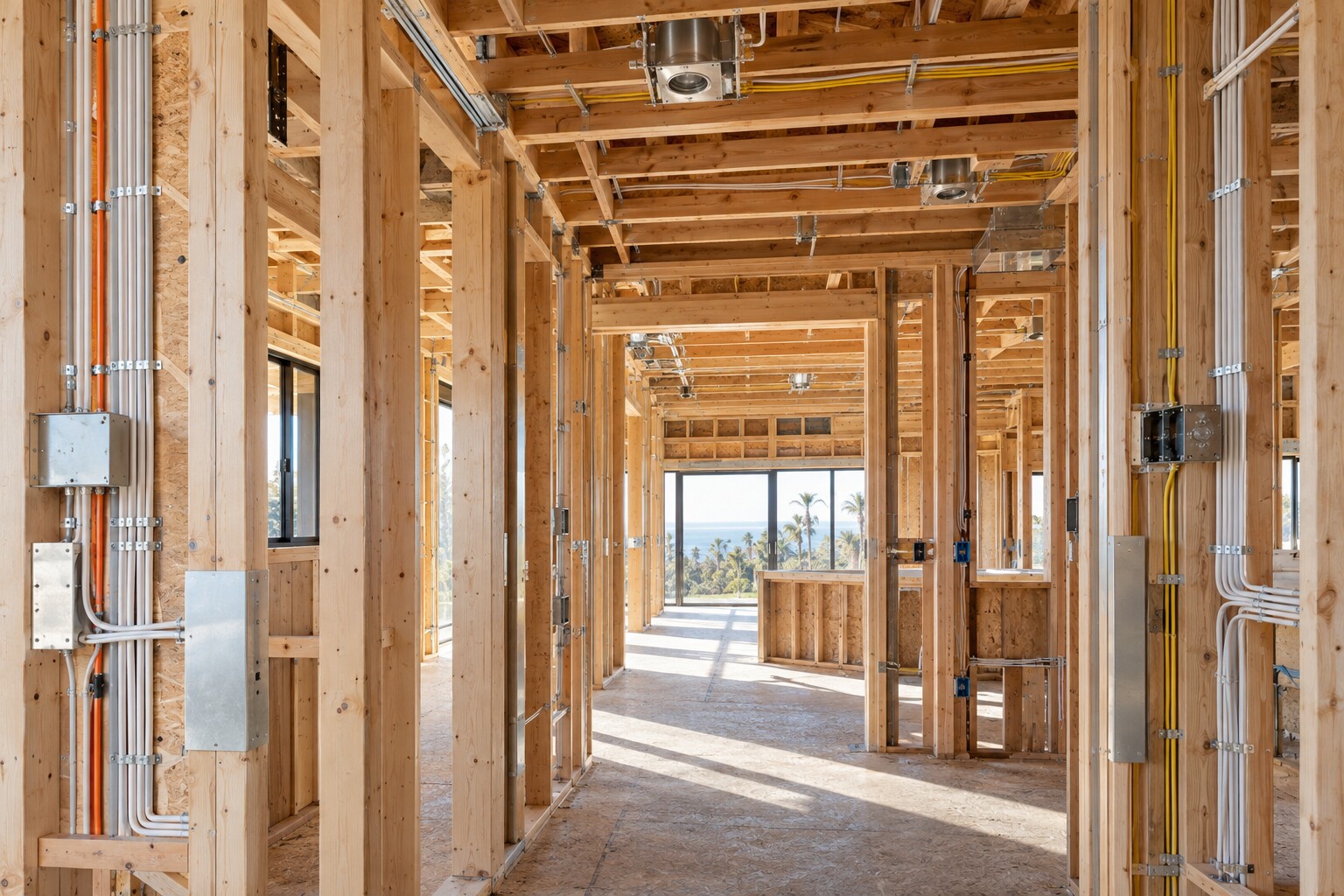 Luxury custom home during electrical rough-in with precisely organized parallel wiring and conduit