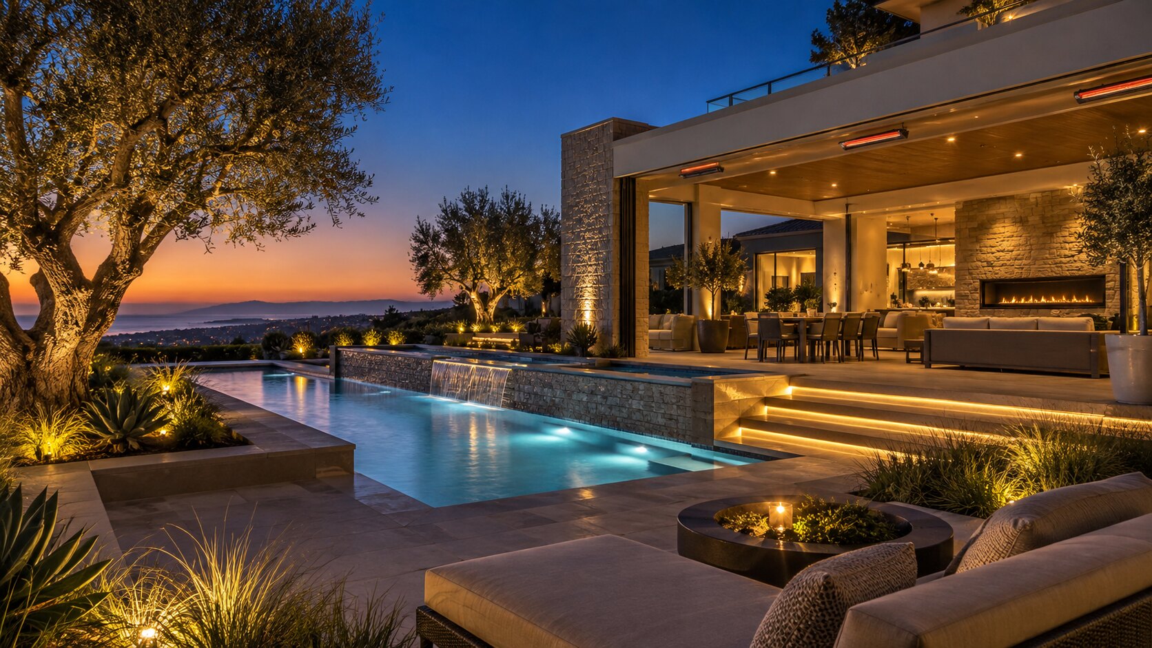 Luxury Orange County backyard with integrated landscape, step and architectural lighting