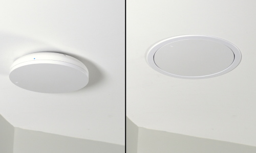 Araknis wireless access point shown with a discreet flush ceiling installation option