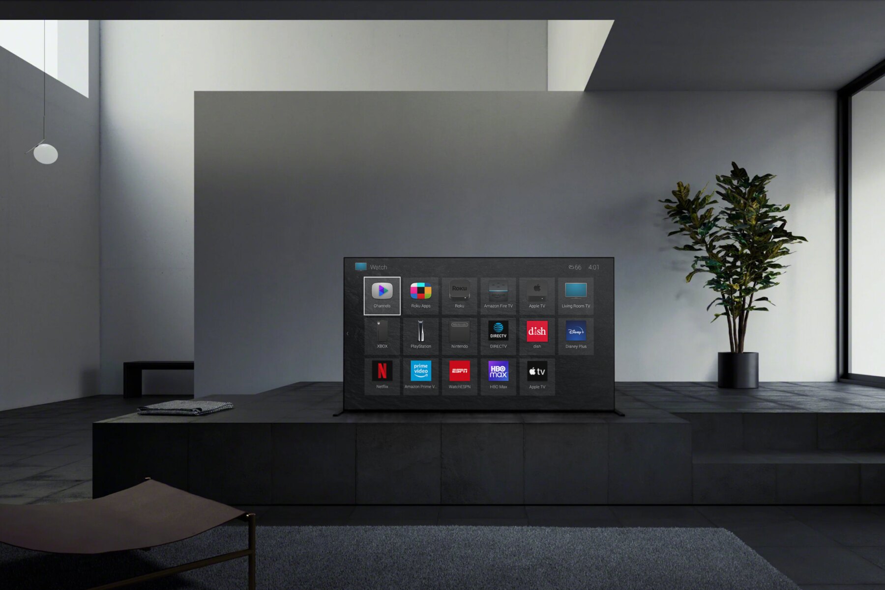 Control4 Watch interface with television, streaming and game sources