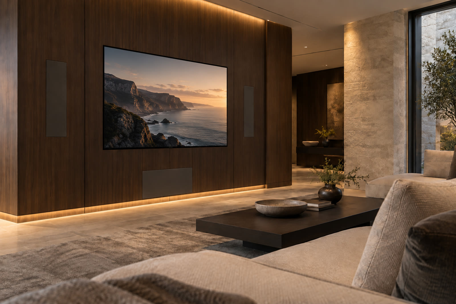 Ultra-thin television mounted nearly flush to a dark wood feature wall with linear lighting